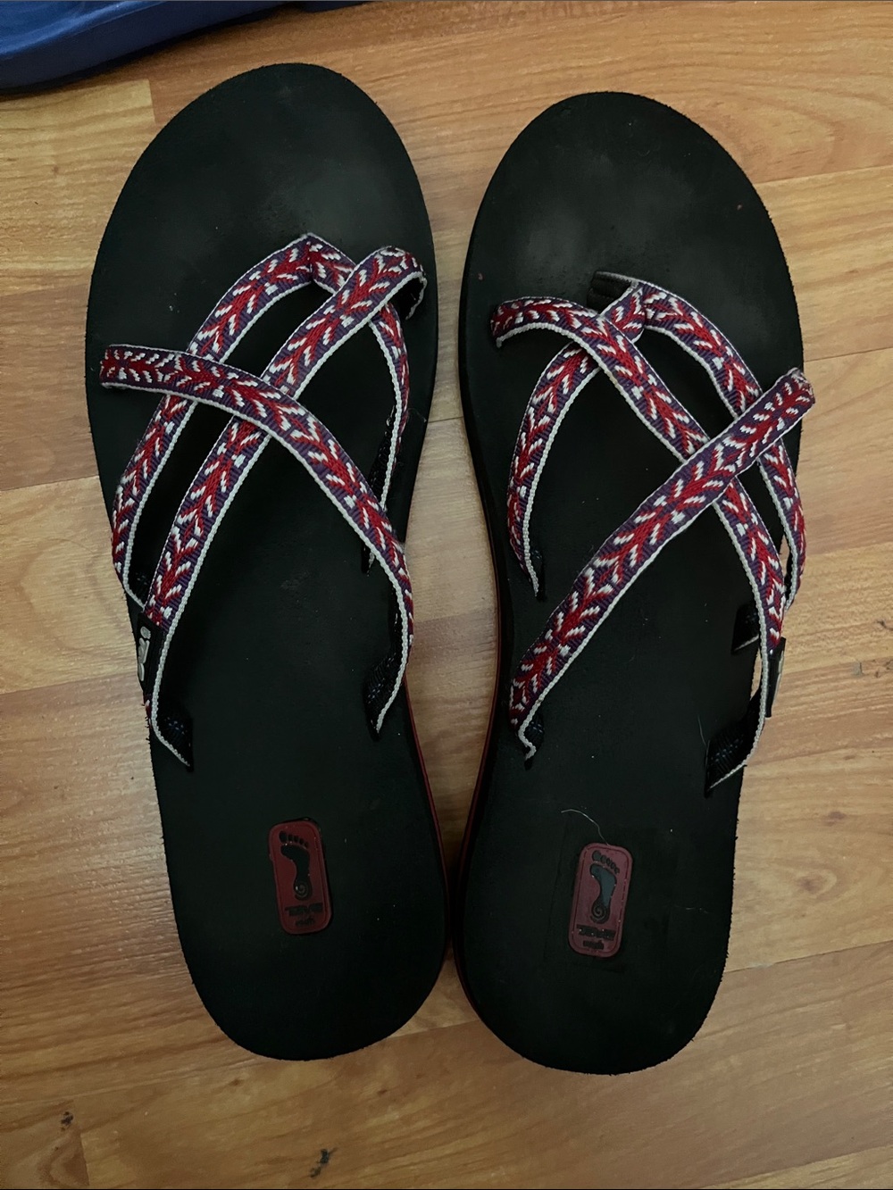 Teva Women's Black Sandals with Red Patterned Straps Size 11